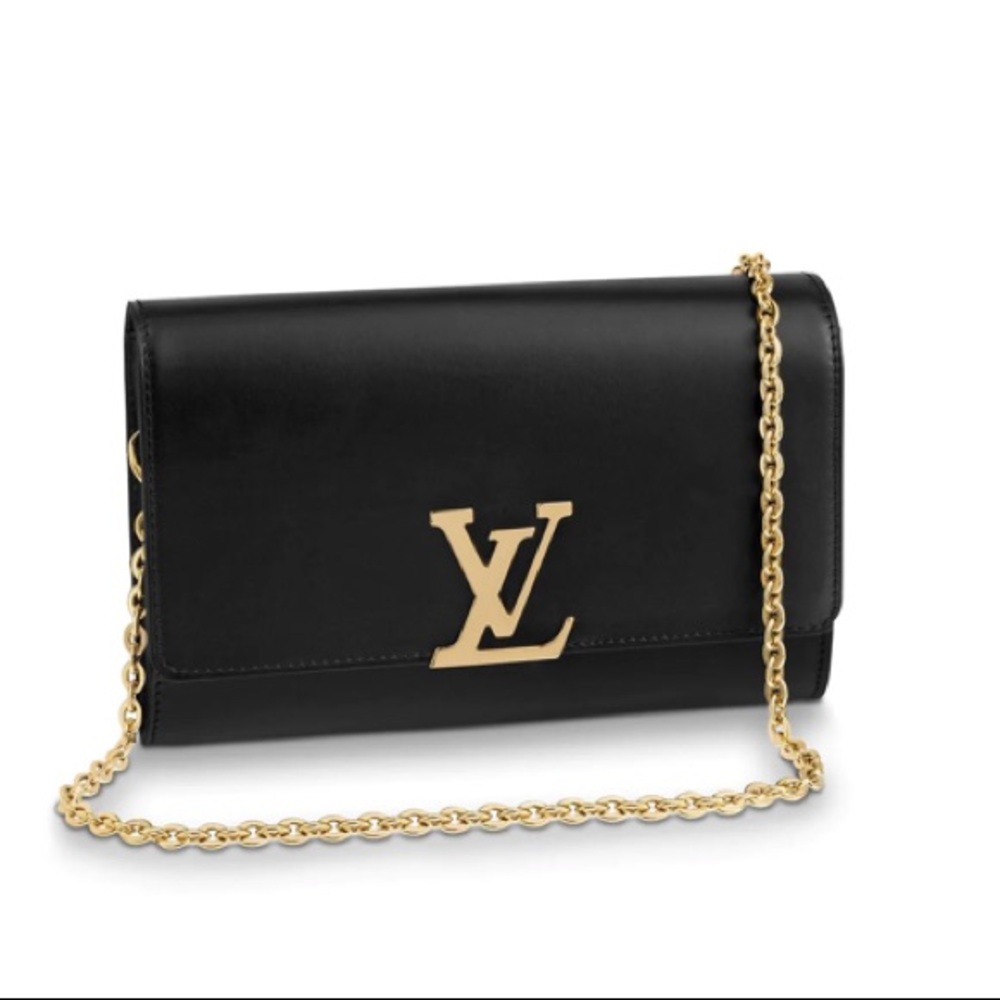 Louis Vuitton CHAIN LOUISE GM Black Patent Bag Original box and packaging.